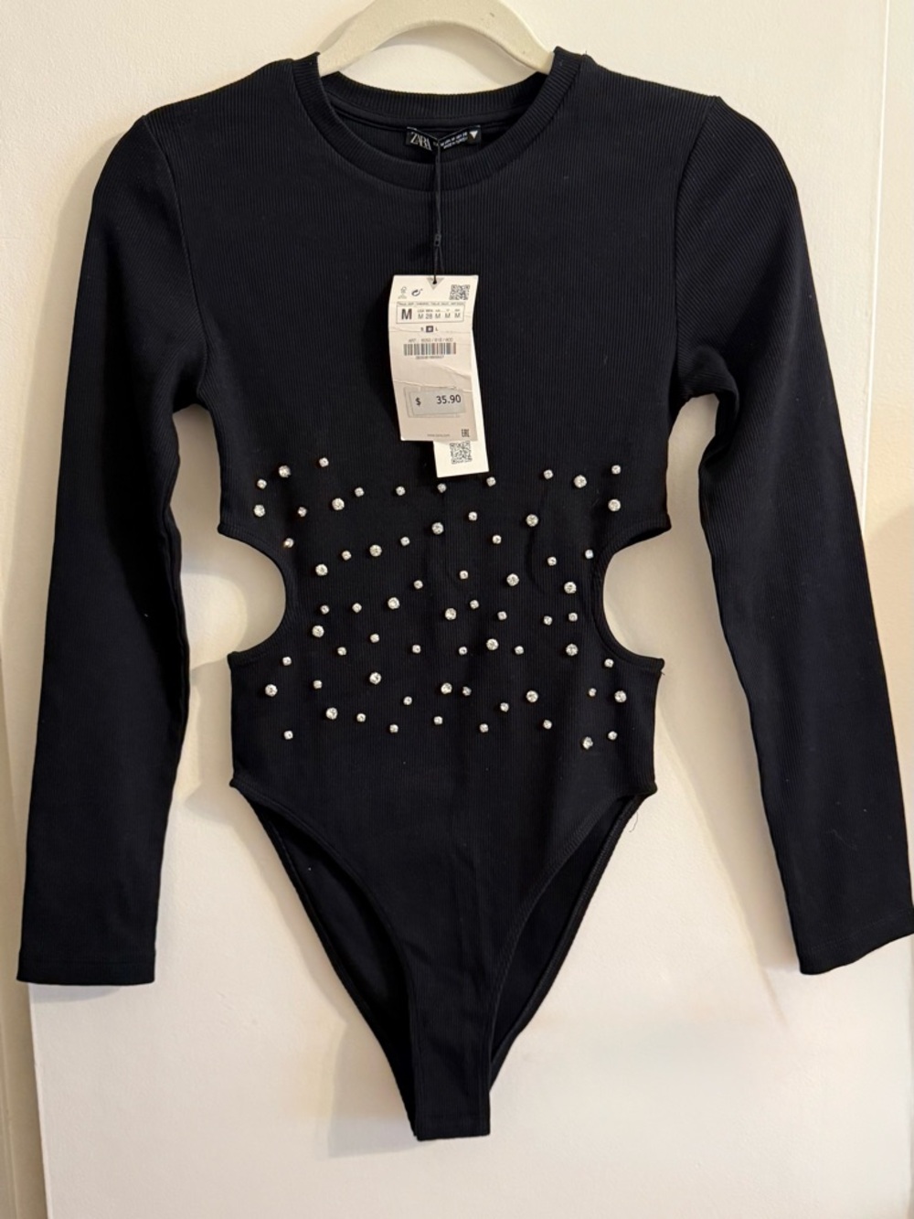 Zara Black Long-Sleeve Pearl-Studded Cutout One-Piece